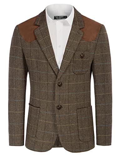 PJ PAUL JONES Herren-Blazer aus britischer Wollmischung, Patchwork-Tweed-Sportmäntel, Kaffee (kariert), M von PJ PAUL JONES