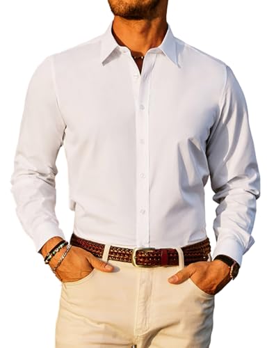 PJ PAUL JONES Herren Langarm Hemden Classic Stylish Regular Fit Shirts Einfarbige Business Hemden (Weiß, L) von PJ PAUL JONES