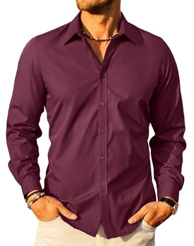 PJ PAUL JONES Herren Businesshemd Langarm Anzugshemd Einfarbige Freizeithemd für Business (Weinrot, XL) von PJ PAUL JONES