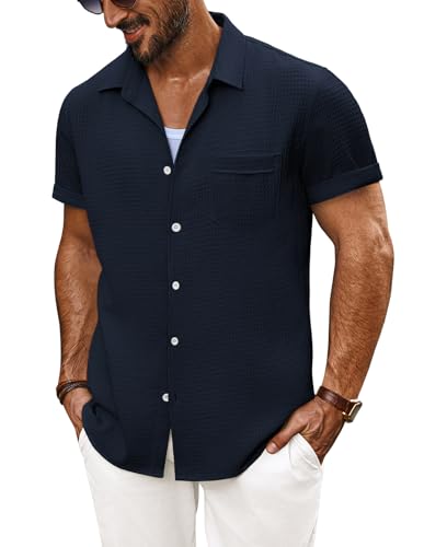 PJ PAUL JONES Herren Businesshemd Sommer Casual Kurzarm Freizeithemd Dunkelblau L von PJ PAUL JONES
