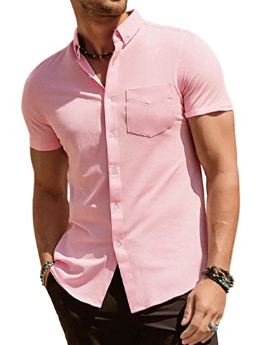 PJ PAUL JONES Herren Button-Down-Shirt, kurzärmelig, normale Passform, lässig, Baumwolle, Oxford-Hemden, Pink, L von PJ PAUL JONES