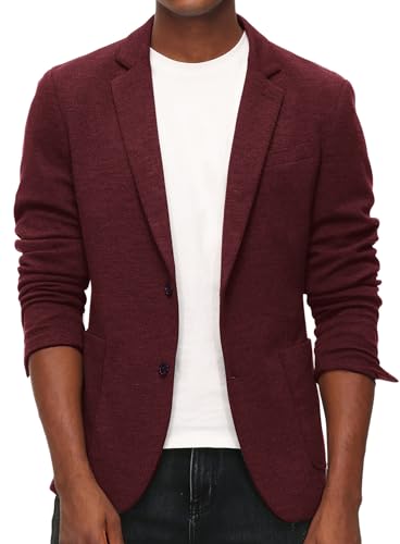 PJ PAUL JONES Herren Casual Knit Blazer Anzug Jacken Zwei Knöpfe Leicht Ungefüttert Sport Mantel, Bordeaux, L von PJ PAUL JONES