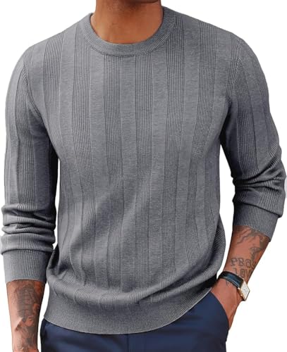 PJ PAUL JONES Herren Casual Strickpullover mit Vertikalstreifen Rundhals Langarm Pullover Grau S von PJ PAUL JONES
