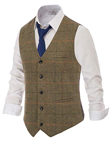 PJ PAUL JONES Herren Fischgräten-Tweed Anzug Weste Casual Wollmischung Weste, Kaffee (kariert), XX-Large von PJ PAUL JONES