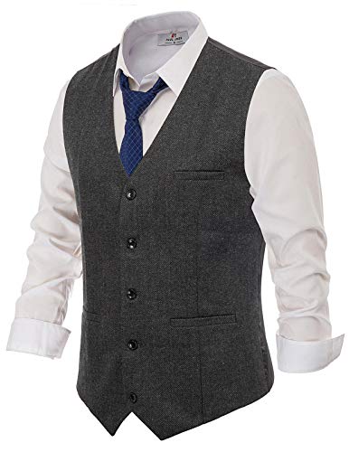 PJ PAUL JONES Herren Fischgräten-Tweed-Anzugweste aus Wollmischgewebe, grau dunkel, Medium von PJ PAUL JONES