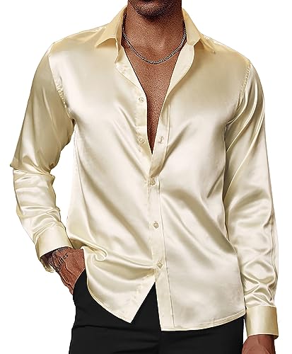 PJ PAUL JONES Herren Glänzende Satin Kleid Shirts Langarm Button Down Seide Hemd mit Fliege, Champagner, XX-Large von PJ PAUL JONES