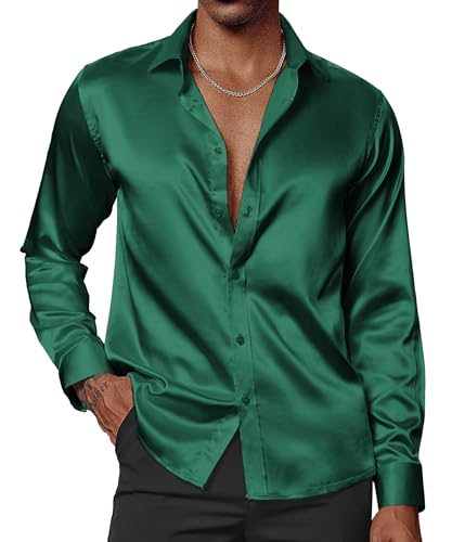PJ PAUL JONES Herrenhemden aus glänzendem Satin, langärmelig, Seidenhemd mit Fliege und Knopfleiste, Dunkelgrün, Mittel von PJ PAUL JONES