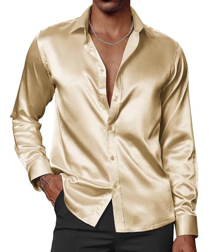 PJ PAUL JONES Herrenhemden aus glänzendem Satin, langärmelig, Seidenhemd mit Fliege und Knopfleiste, Gold, Klein von PJ PAUL JONES