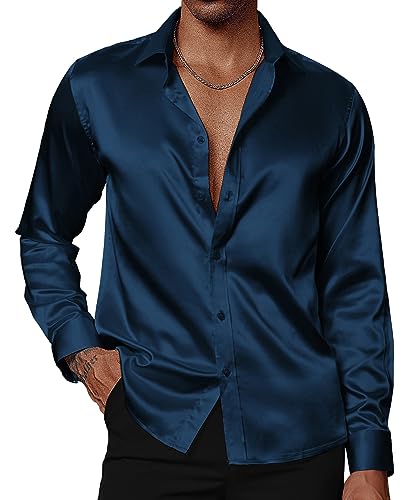 PJ PAUL JONES Herren Glänzende Satin Kleid Shirts Langarm Button Down Seide Hemd mit Fliege, Marineblau, L von PJ PAUL JONES