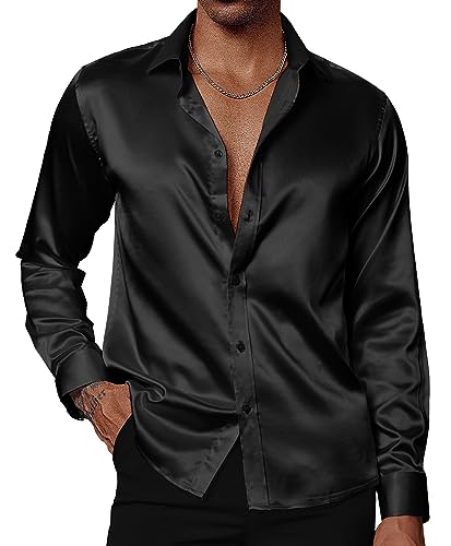 PJ PAUL JONES Herren Glänzende Satin Kleid Shirts Langarm Button Down Seide Hemd mit Fliege, Schwarz, L von PJ PAUL JONES