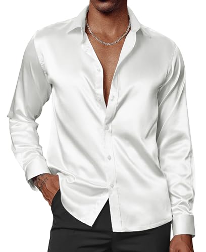 PJ PAUL JONES Herren Glänzende Satin Kleid Shirts Langarm Button Down Seide Hemd mit Fliege, Weiss/opulenter Garten, L von PJ PAUL JONES