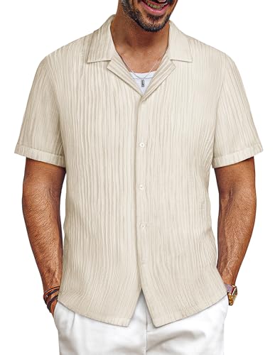 PJ PAUL JONES Herren Hemd Kurzarm Hawaii Hemd Casual Button Down Textured Hemden Herren Aprikose L von PJ PAUL JONES