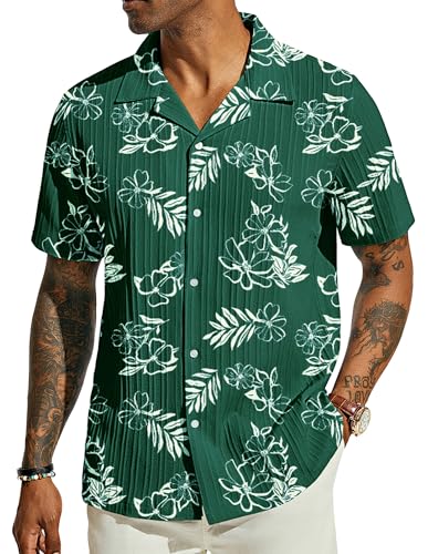 PJ PAUL JONES Herren Hemd Kurzarm Leichtes Sommerhemd Casual Kurzarmhemd Button Down Dunkelgrün-Weiß XL von PJ PAUL JONES