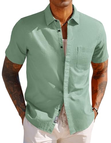 PJ PAUL JONES Herren Hemd Kurzarm Leinenhemd Regular Fit Einfarbig Strandhemd mit Brusttasche (Hellgrün, M) von PJ PAUL JONES