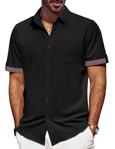 PJ PAUL JONES Herren Hemd Regular Fit Kurzarm Kontrast Hemden Sommer Knopfleiste Revers Leicht Freizeithemd Schwarz M von PJ PAUL JONES