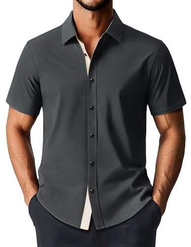 Herren Hemd Freizeithemd Sommerhemd Kurzarm Herren-Hemden Businesshemd Urlaub Knitterfrei Kurzarmhemd Modische Knitterfrei Classic Shirt(Dunkelgrau, S) von PJ PAUL JONES