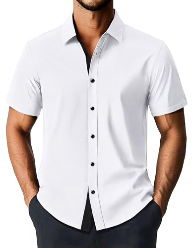 PJ PAUL JONES Herren Hemd Weich Kurzarm Party Freizeithemden Hochzeit Bequemes Kurzarmhemd Normal Passform Businesshemd Arbeits Button Down Männer Hemden (Weiß, L) von PJ PAUL JONES