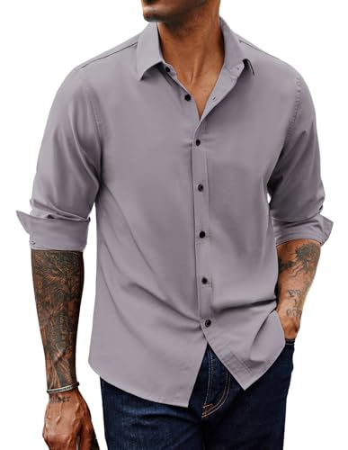 PJ PAUL JONES Herren Hemden Bügelfrei Regular fit Langarmhemd Stretch Freizeithemden Businesshemd (Grau Lila, S) von PJ PAUL JONES