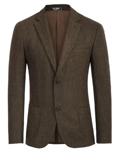 PJ PAUL JONES Herren Herringbone Blazer Mantel Wollmischung Blazer Kerbe Revers Zwei Knopf Anzug Jacken, Dunkelbraun, L von PJ PAUL JONES
