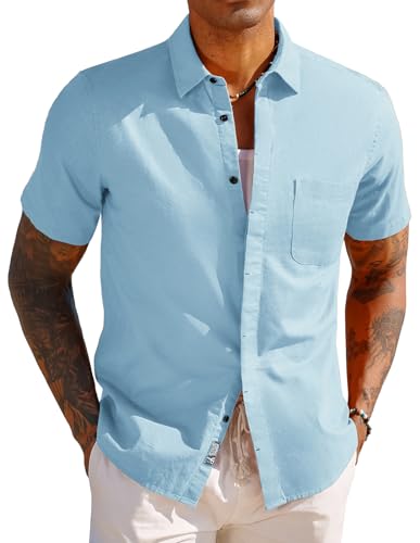 PJ PAUL JONES Herren Kurzarm Freizeithemden Leinenhemd Sommerhemd Regular Fit Businesshemd (Hellblau, L) von PJ PAUL JONES
