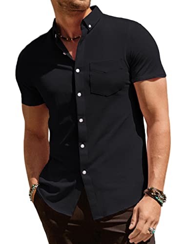 PJ PAUL JONES Herren Kurzarm Oxford Hemd Slim Fit Button Down Shirts mit Brusttasche, Schwarz, L von PJ PAUL JONES