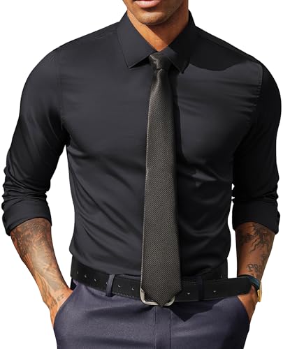 PJ PAUL JONES Herren Langarm Hemden Bügelfrei Freizeithemden Casual Businesshemd Regular Fit Smoking Anzug Hemd Longshirt, Schwarz, L von PJ PAUL JONES