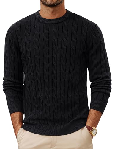 PJ PAUL JONES Herren Langarm Strickpullover Basic Zopfmuster Rundkragen Pullover Schwarz XXL von PJ PAUL JONES