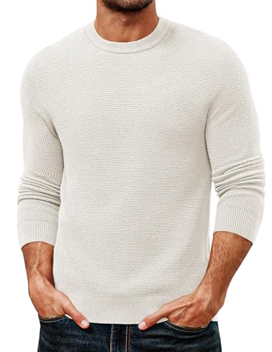 PJ PAUL JONES Herren Langarm Strickpullover mit Rundkragen Sweater Männer Waffelstruktur Weiß S von PJ PAUL JONES