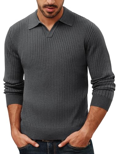 PJ PAUL JONES Herren Lapel Design Pullover Langarm V-Ausschnitt Ribbed Knitwear Dunkelgrau M von PJ PAUL JONES
