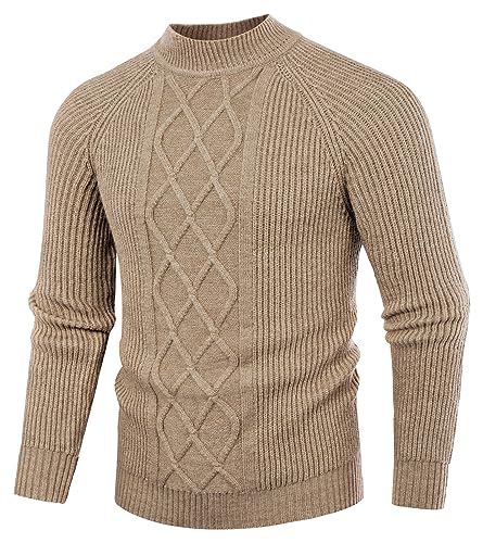 PJ PAUL JONES Herren Mock Rollkragenpullover Casual Zopfmuster Twisted Pullover Pullover Pullover, Khaki, Mittel von PJ PAUL JONES