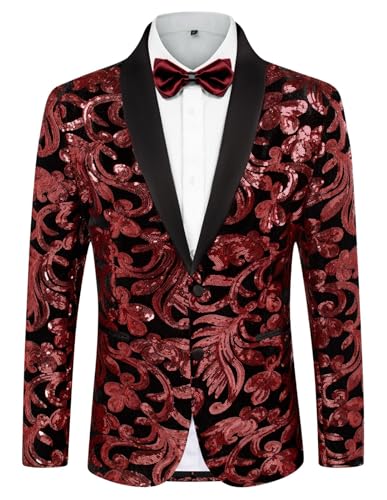 PJ PAUL JONES Herren Pailletten Sakko Reverskragen Stilvolle Blazer Jacke Regular Fit (Weinrot, S) von PJ PAUL JONES