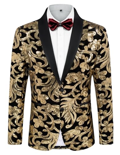 PJ PAUL JONES Herren Pailletten Sakko Stickerei Bestickt Smoking Blazer für Hochzeit ((Gold, XXL)) von PJ PAUL JONES