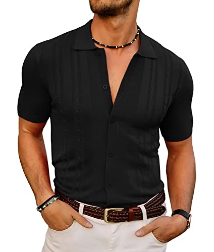 PJ PAUL JONES Herren-Polo-Shirt, Vintage-Stil, gestreift, mit Knopfleiste, schwarz-massiv, L von PJ PAUL JONES