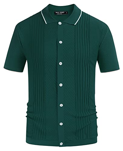 PJ PAUL JONES Herren-Poloshirt, Vintage-Stil, gestreift, leicht, gestrickt, Golf-Shirts, Textur: dunkelgrün, Mittel von PJ PAUL JONES