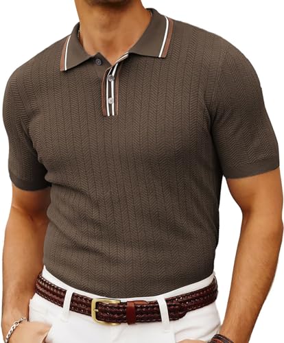 PJ PAUL JONES Herren-Poloshirt, gestrickt, kurzärmelig, strukturiert, Golf-Polo-T-Shirts, Kaffee, L von PJ PAUL JONES