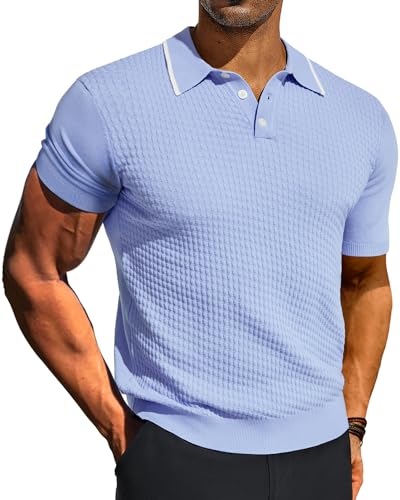 PJ PAUL JONES Herren-Poloshirt, kurzärmelig, Waffelstruktur, Strickshirt, Blau, Mittel von PJ PAUL JONES