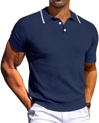 PJ PAUL JONES Herren-Poloshirt, kurzärmelig, Waffelstruktur, Strickshirt, Marineblau, Mittel von PJ PAUL JONES