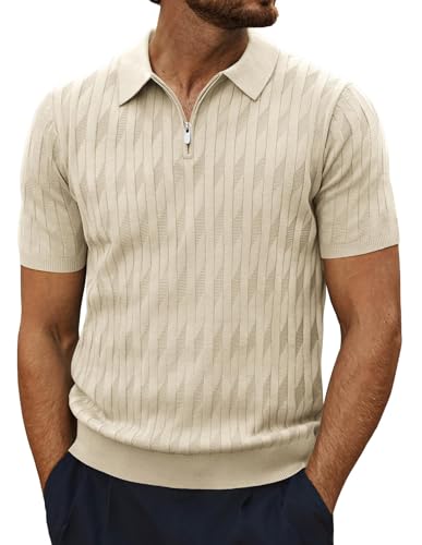 Strick Polo Herren mit Reißverschluss Kurzarm T-Shirts Casual Poloshirt Herren Aprikose XXL von PJ PAUL JONES