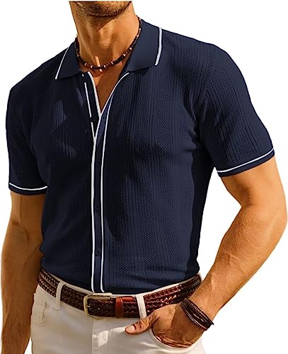 PJ PAUL JONES Herren Poloshirt Vintage Kurzarm Strickshirt Casual Leicht Hollow Out Shirt, Dunkelblau, Mittel von PJ PAUL JONES