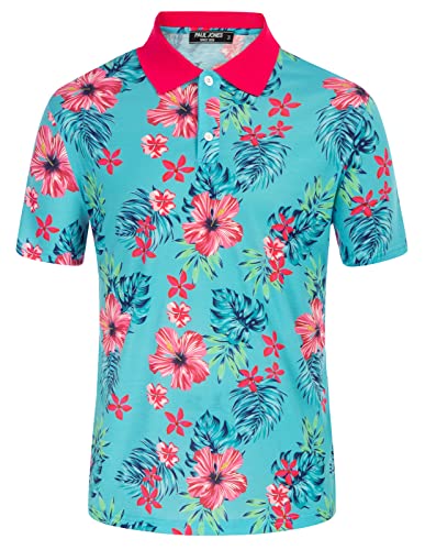 PJ PAUL JONES Herren-Poloshirt mit Blumenmuster, Vintage-Druck, lässiges T-Shirt für den Sommer, Blaues Schildkrötenblatt, XL von PJ PAUL JONES