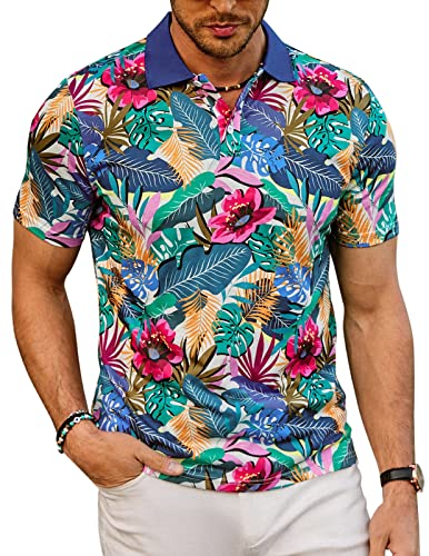 PJ PAUL JONES Herren-Poloshirt mit Blumenmuster, Vintage-Druck, lässiges T-Shirt für den Sommer, Red Flower, L von PJ PAUL JONES