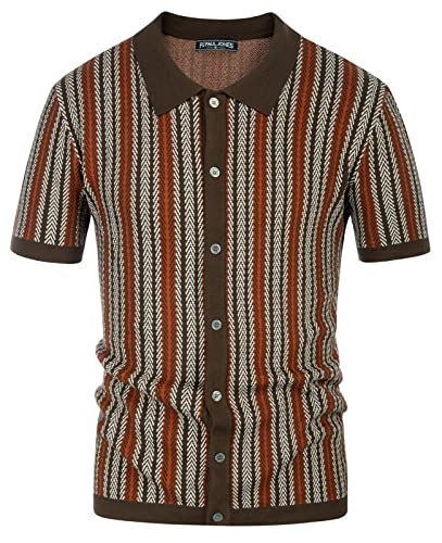 PJ PAUL JONES Herren Poloshirts Retro Strickshirt Vintage Gestreiftes Hemd, Kaffee, L von PJ PAUL JONES