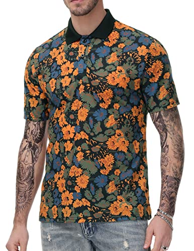 PJ PAUL JONES Herren-Poloshirts mit Blumenmuster, Vintage-Druck, lässiges T-Shirt für den Sommer, Orange/Grün, XL von PJ PAUL JONES