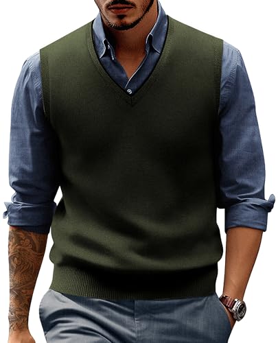 PJ PAUL JONES Herren-Pullover, Wollmischgewebe, Strickweste, Pullover, V-Ausschnitt, ärmellos, Grün (Army Green), X-Groß von PJ PAUL JONES
