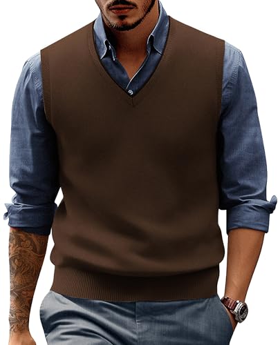 PJ PAUL JONES Herren-Pullover, Wollmischgewebe, Strickweste, Pullover, V-Ausschnitt, ärmellos, Kaffee, Groß von PJ PAUL JONES