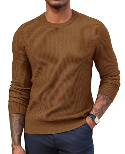 PJ PAUL JONES Herren Pullover Basic Sweater Rundhals Langarm Strukturiert Strickpullover Kaffee L von PJ PAUL JONES