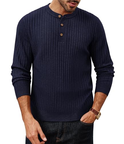 PJ PAUL JONES Herren Pullover Langarm Henley DREI Buttton Herbst Lässig Sickpullover Marineblau XL von PJ PAUL JONES