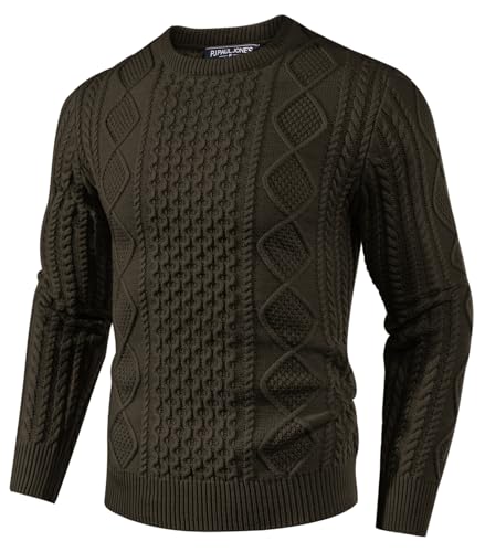 PJ PAUL JONES Herren Pullover Regular Fit Feinstrick Zopfmuster Pullover Sweater mit Rundhalsausschnitt (Dunkelbraun, L) von PJ PAUL JONES