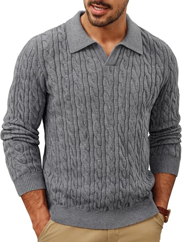 PJ PAUL JONES Herren Pullover V Ausschnitt Zopfmuster Pulli Strickpullover mit Polokragen XL Dunkelgrau von PJ PAUL JONES