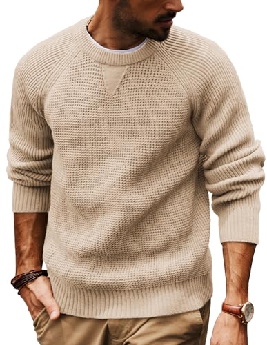 PJ PAUL JONES Herren Pullover Waffel Strickpullover mit Rundhalsausschnitt Pullover für Winterr L Khaki von PJ PAUL JONES